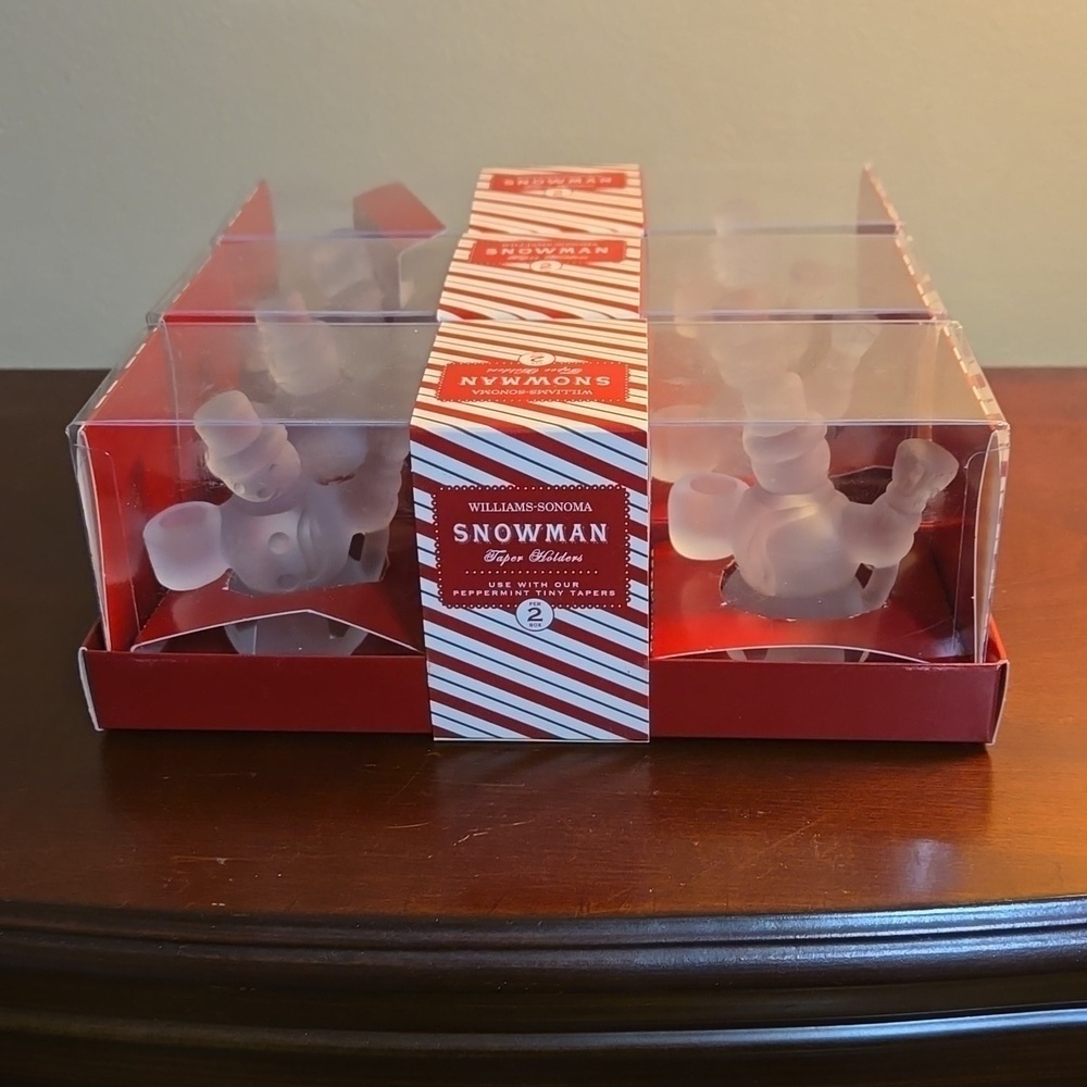 Williams-Sonoma Frosted Snowman Taper Candleholders 3 boxes New in Box